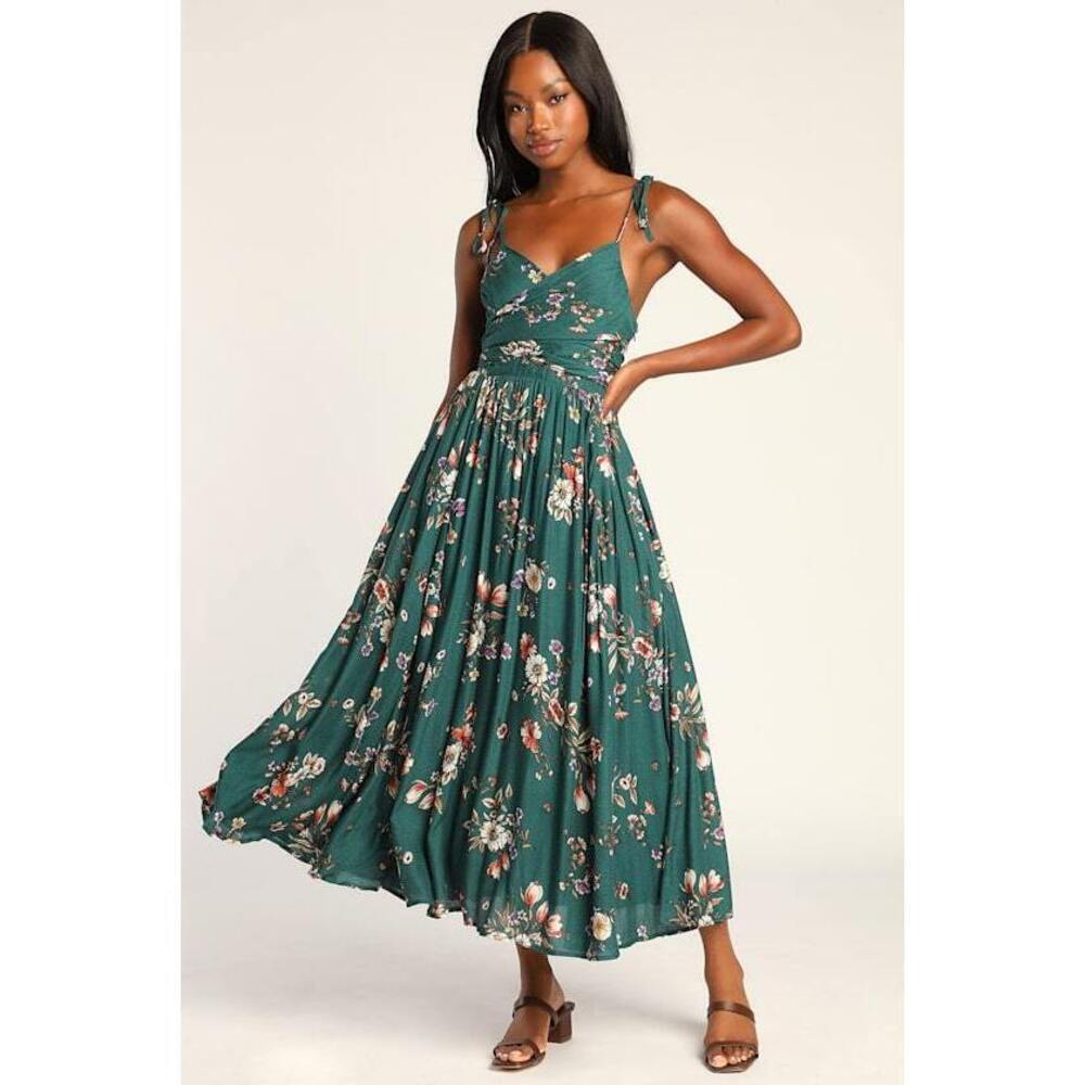 Lulus | Meadow Flowers Green Multi Floral Print Tie-shoulder Maxi Dress